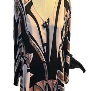 Black and Blush V-Neck Button-Front Printed Tunic